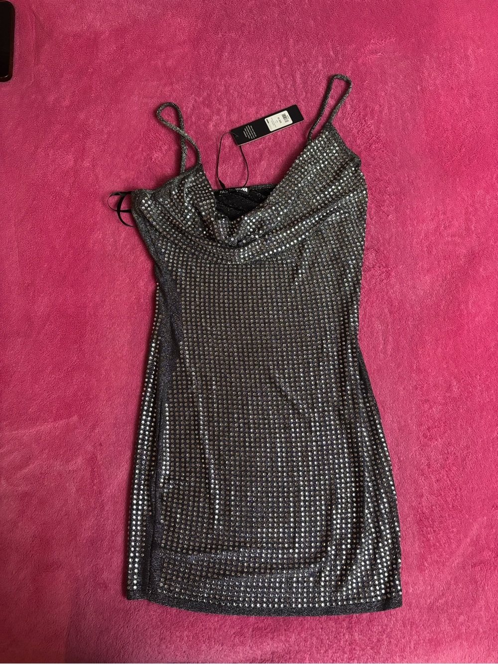 Shimmery Black Cowl Neck Mini Dress